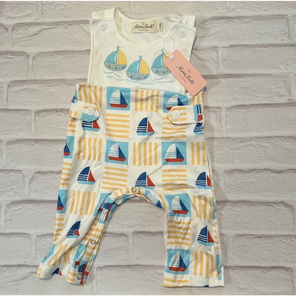 Boutique Marie Nicole Boys Baby 12-18 Months Blue Yellow Short Sleeve Sail Boats